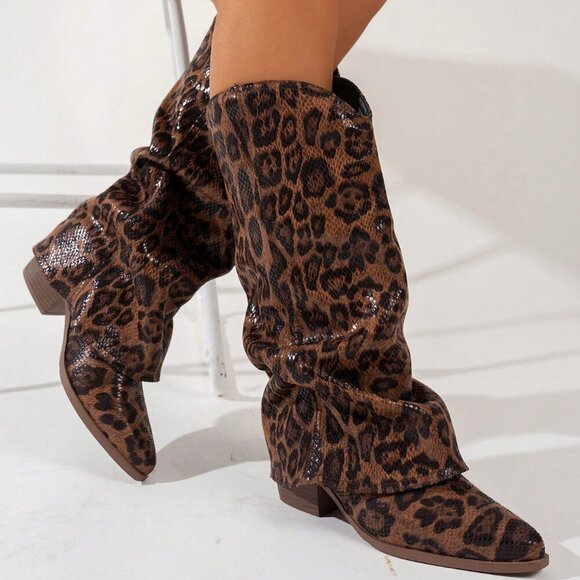 Brown Western Women's Pointed Toe Stacked Heel Tall Shaft leopard print Boots - Picture 5 of 6
